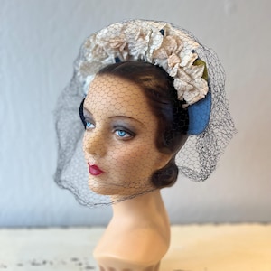 Up On High - Vintage 1940s Air Force Blue Crescent Halo Caplet Hat w/Florals & Veil