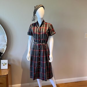 4 Star Dressing - Vintage 1950s Slate Grey & Red Plaid Cotton Day Dress