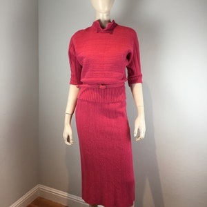 Agnes & Penny Have a Powerful Punch Vintage 1950s Bermuda Punch Pink Wool Knit Sweater Skirt Set M image 1