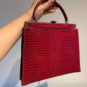 Luxurious Lipstick Red - Vintage 1955 Bobbi Jerome Red Embossed Faux Leather Slender Handbag