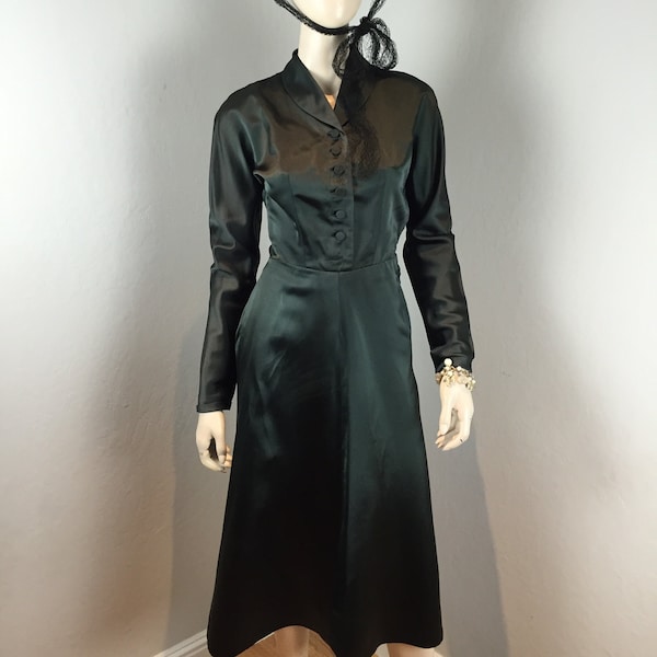 Parisian Collections - Vintage 1940s Fred A Block Dark Sea Green Satin Draped Back Dress