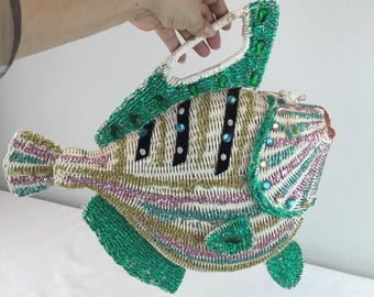 Lazy Miami Days - Vintage 1950s 1960s Midas of Miami Large Fish Jeweled Wicker Handbag