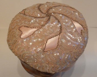 Sparkling Pink Follies - Vintage 1950s Evelyn Varon Pale Pink Satin & Beaded Cocktail Beret Hat