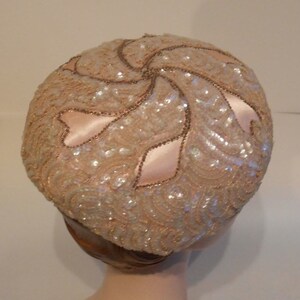 Sparkling Pink Follies - Vintage 1950s Evelyn Varon Pale Pink Satin & Beaded Cocktail Beret Hat