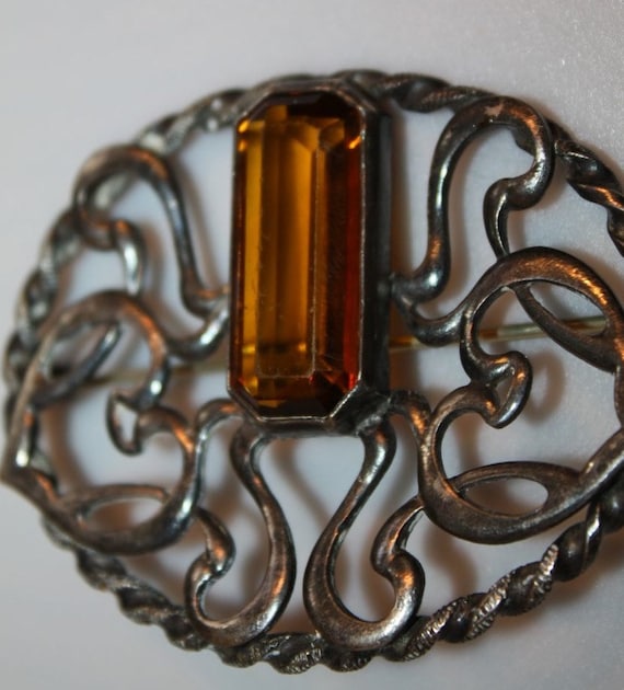 Broche Ancienne Art Déco En Argent Rose Et Ambre - État Excellent, Pièce Vintage Précieuse