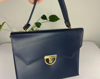 Satchel to the Left - Vintage 1950s 1960s Navy Blue Satchel Vinyl Handbag Purse