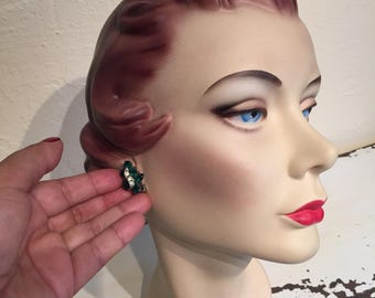 Formal Fire - Vintage 1950s Weiss Dark Green Rhinestone & Clear Pave Clip On Earrings