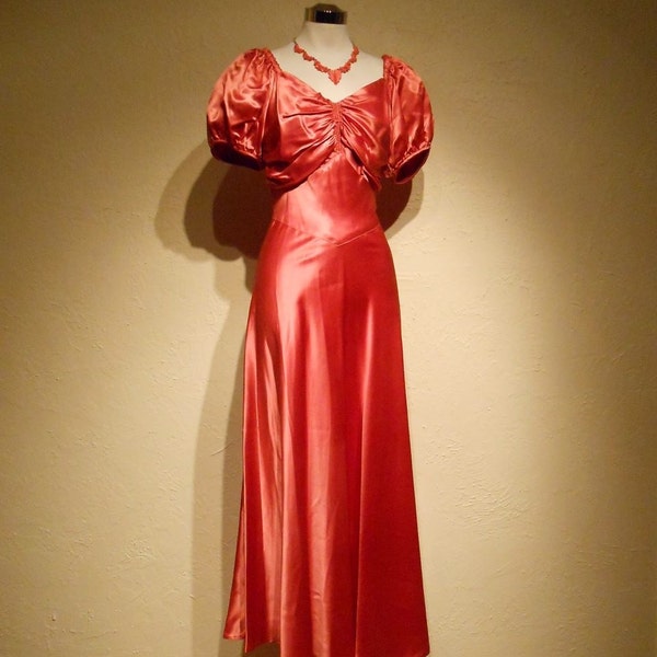 The Coral Foxtrot - 1930s Coral Satin Evening Gown w/Puff Sleeves & Back Peplum