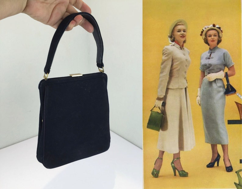 Stylish Ladies of '48 Vintage 1940s 1950s Michel of Coronet Navy Blue Suede Leather Tall Slender Handbag Purse image 2