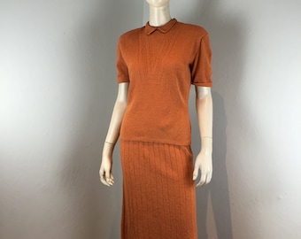 Borne Travellers - Vintage 1950s Botany Muted Pumpkin Orange Wool Knit Sweater Skirt Set - Rare Colour