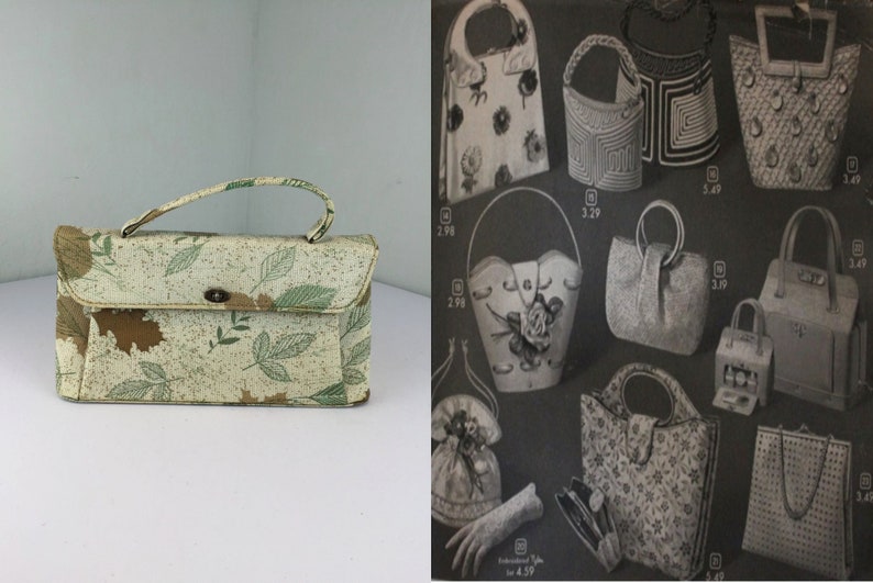 The Changing of the Seasons Vintage 1950s 1960s Pistachio Green & Gold Print Texture Vinyl Long Handbag Purse image 2