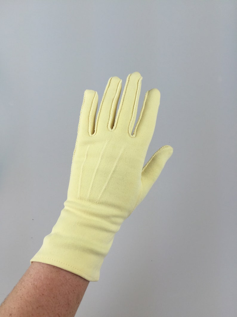 Alas She Had Waited Long Enough Vintage 1950s 1960s Shalimar Banana Yellow Nylon Over Wrist Gloves 7 image 1