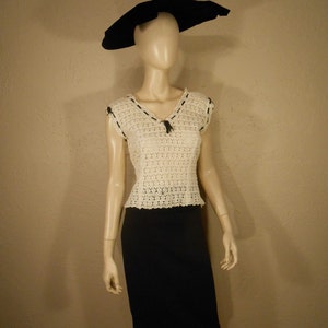 Pure As Snow - Vintage 1940s Ivory Lace Double V Neck/Back Blouse Black Ribbon Trim - 4/6