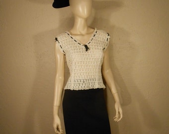 Pure As Snow - Vintage 1940s Ivory Lace Double V Neck/Back Blouse Black Ribbon Trim - 4/6