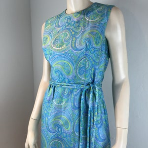 Sixties A &#39;Swirling - Vintage 1960s Green Blue Colourful Paisley Pattern Dress Small