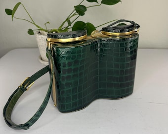 Can I Fit My Ration Book? - Vintage 1940s Green Alligator Leather Box Handbag Purse