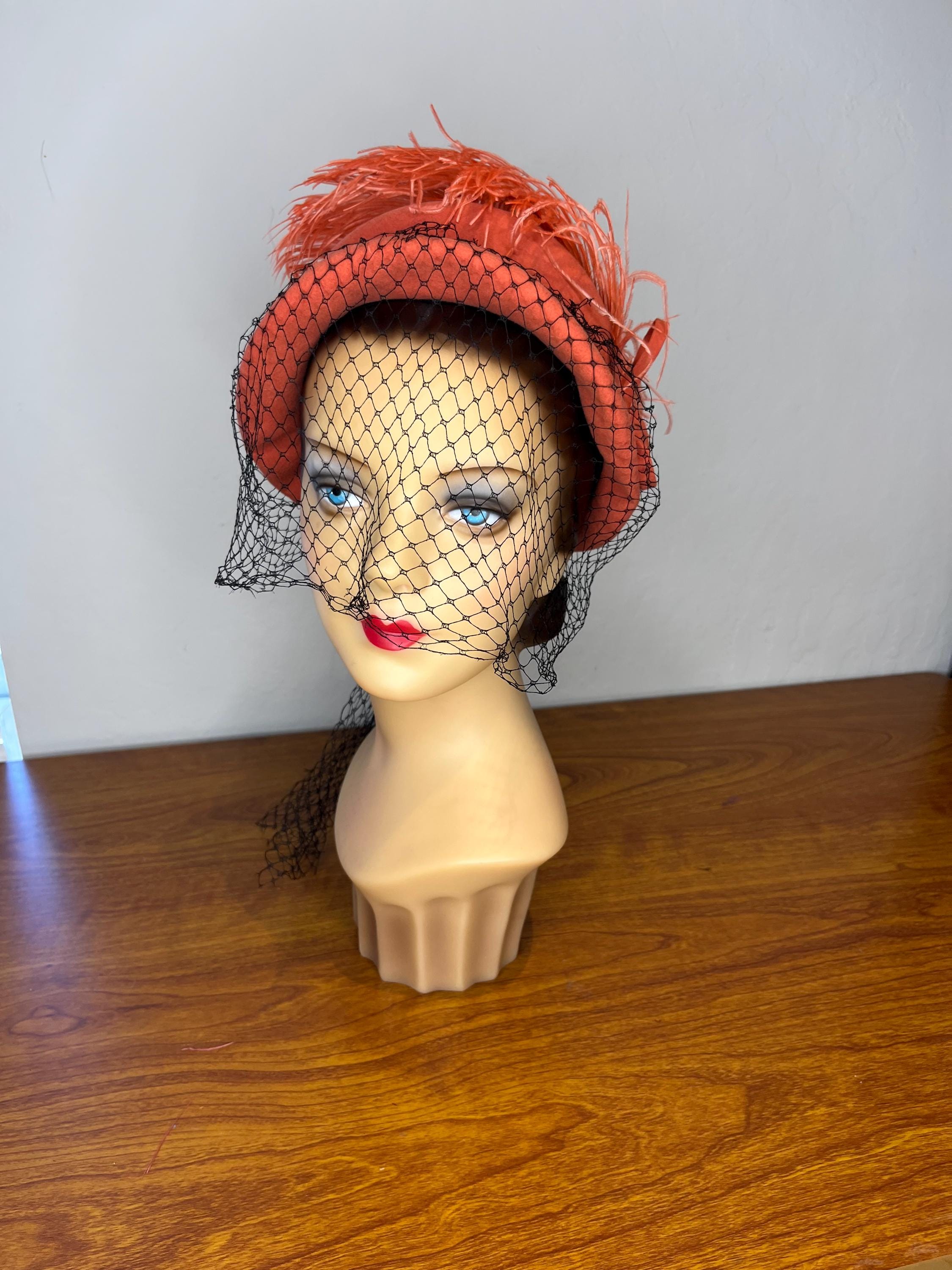 1960\'s American Vintage Emme Boutique Red Wool Hat, Feathers, fold over size S-M Womens Vintage Red Rabbit Fur Felted Beehive Hat With  main image 2