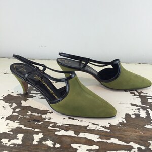 Where The Action Is - Vintage 1960s NOS Moss Green Nubuck Leather Slingback Heels w/Black Patent Trim - 7 1/2B