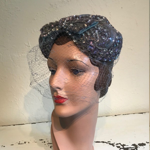 Light Up Night Skies - Vintage 1950s 1960s Periwinkle Lavender Blue Sequin Veiled Pill Box Open Crown Hat