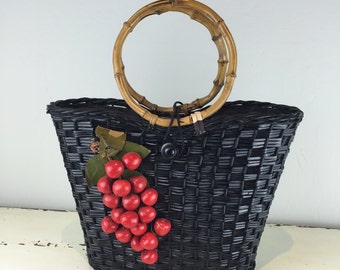 Could She Handle Choices - Vintage 1950s 1960s Ink Black Vinyl Wicker Straw Barrel Handbag Purse