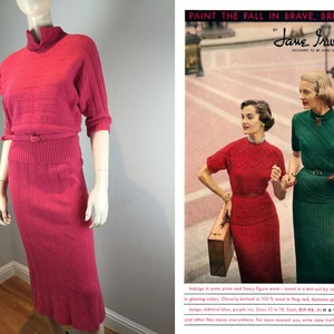 Agnes & Penny Have a Powerful Punch Vintage 1950s Bermuda Punch Pink Wool Knit Sweater Skirt Set M image 2