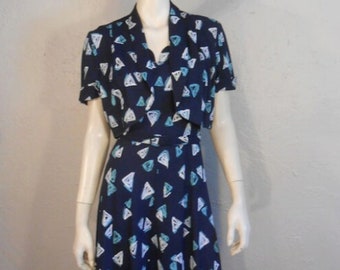 Starboard Cocktails - Vintage 1940s Navy Dress w/Abstract Sails Matching Belt Bolero Jacket  - 12/14