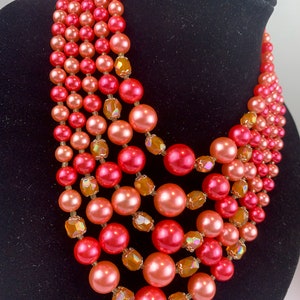 Awaiting Spring Vintage 1950s 1960s Coral & Amaranth Pink Pearl Beads 5 Strand Necklace image 5