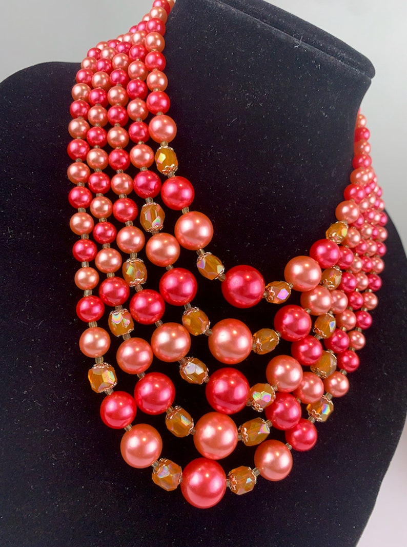 Awaiting Spring Vintage 1950s 1960s Coral & Amaranth Pink Pearl Beads 5 Strand Necklace image 5