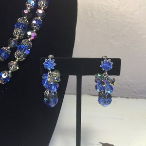 The Blue Danube Vintage 1950s Coro Vendome Cobalt Blue AB Crystal Necklace Earrings Set Rare image 4