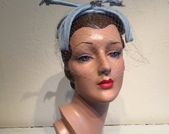 She Stops For a Retouch - Vintage 1950s Replica de Parisienne Blue Velvet Beaded Hat w/Birdcage Veil
