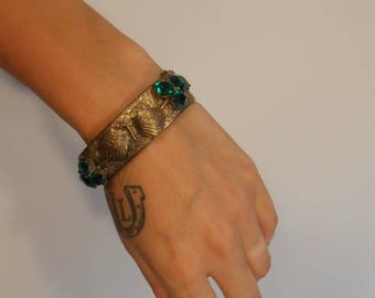 A Gift for Miss Lily Elsie - Vintage 1900s Art Nouveau Etched Floral Brass Hinged Bracelet w/Green Cut Glass Stones Leafs
