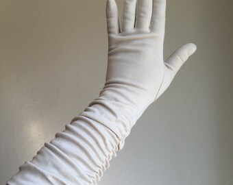 Exhausted Yet Stylish - Vintage 1950s Stone Nylon Mid Arm Shirred Gloves - 8/8.5
