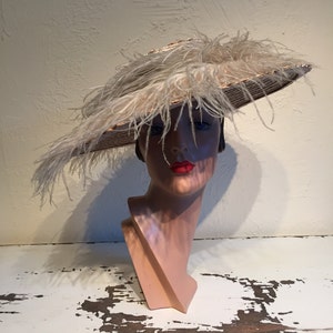 The Compliments Were Overwhelming - Vintage 1940s Natural Straw Wide Brim Portrait Hat w/Ostrich Feather Trims