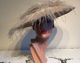 The Compliments Were Overwhelming - Vintage 1940s Natural Straw Wide Brim Portrait Hat w/Ostrich Feather Trims