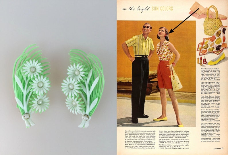 Climb the Summer Skies Vintage 1950s 1960s NOS Bright Green & White Soft Plastic Floral Climber Clip On Earrings image 2