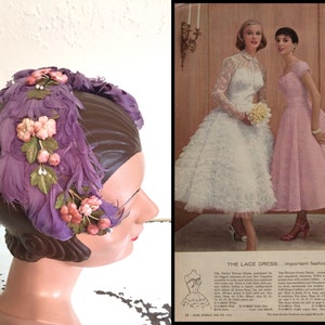 Did You See the Groomsmen Vintage 1940s 1950s Lilac Lavender Curled Feather & Floral Cookie Cutter Hat Fascinator image 2