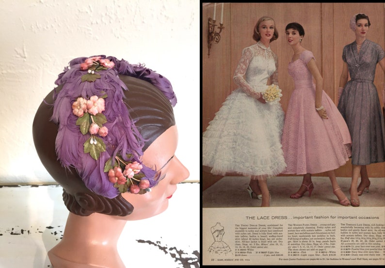 Did You See the Groomsmen Vintage 1940s 1950s Lilac Lavender Curled Feather & Floral Cookie Cutter Hat Fascinator image 2