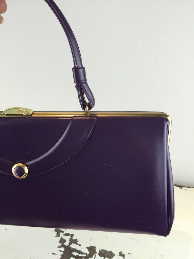 Vintage 1950s 1960s Dark Purple Plum Faux Leather Baguette Handbag Purse The Long /& Short of It Rare Colour