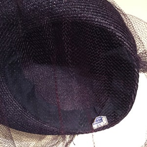 She Was an English Violet Vintage 1940s Dark Plum Purple Straw Slant Caplet Hat w/Matching Veil image 10
