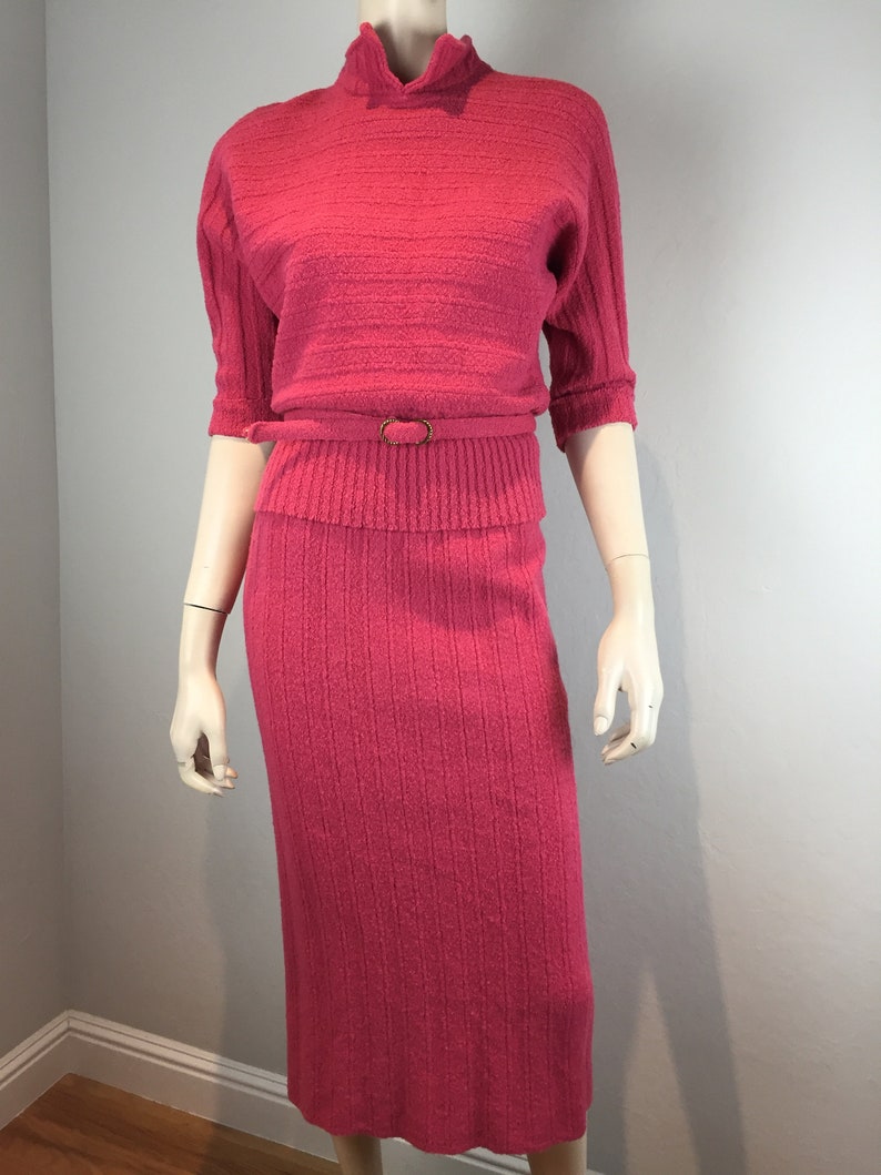 Agnes & Penny Have a Powerful Punch Vintage 1950s Bermuda Punch Pink Wool Knit Sweater Skirt Set M image 3
