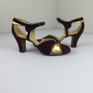 Daring To Dance - Vintage 1930s Oxblood Velvet & Gold Leather Evening Pumps Shoes Heels - 6B