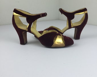 Atrévete a bailar: zapatos de noche vintage de los años 30 en terciopelo color sangre y cuero dorado, con tacones - 6B