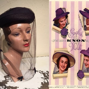 She Was an English Violet Vintage 1940s Dark Plum Purple Straw Slant Caplet Hat w/Matching Veil image 2