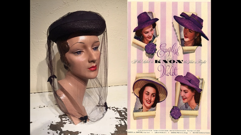 She Was an English Violet Vintage 1940s Dark Plum Purple Straw Slant Caplet Hat w/Matching Veil image 2