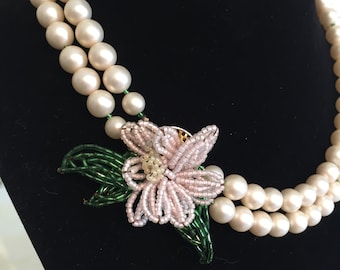 The Pearl of Palm Beach - Vintage 1950s 1960s 2 Strand Faux Pearl Necklace