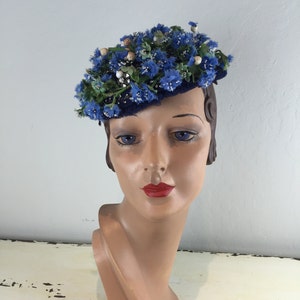 The Spritely Dance of Cornflowers Vintage 1950s Cornflower Rhinestone Bibi Mini PillBox Hat image 1