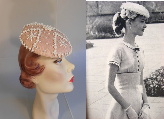 Vintage 1950s Patrice Pale Pink & White Bead Beret