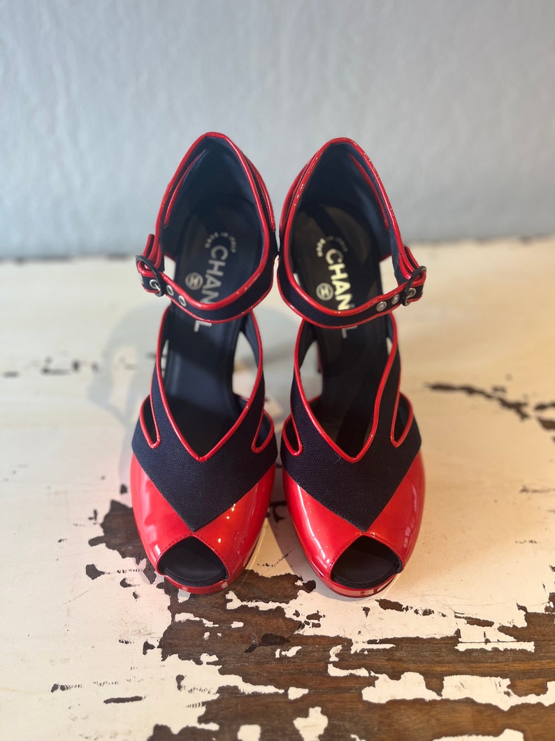 CHANEL NIB Runway Demin & Red Patent Platform Heels 39 1/2 EU 9M image 3