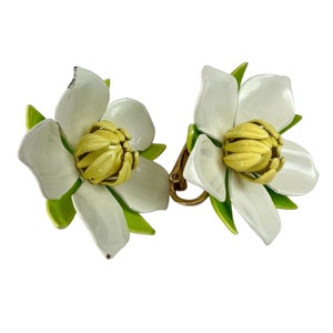 Southern Styles Vintage 1960s Sarah Coventry White Enamel Magnolia Floral Clip On Earrings image 2