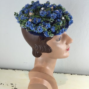 The Spritely Dance of Cornflowers Vintage 1950s Cornflower Rhinestone Bibi Mini PillBox Hat image 4